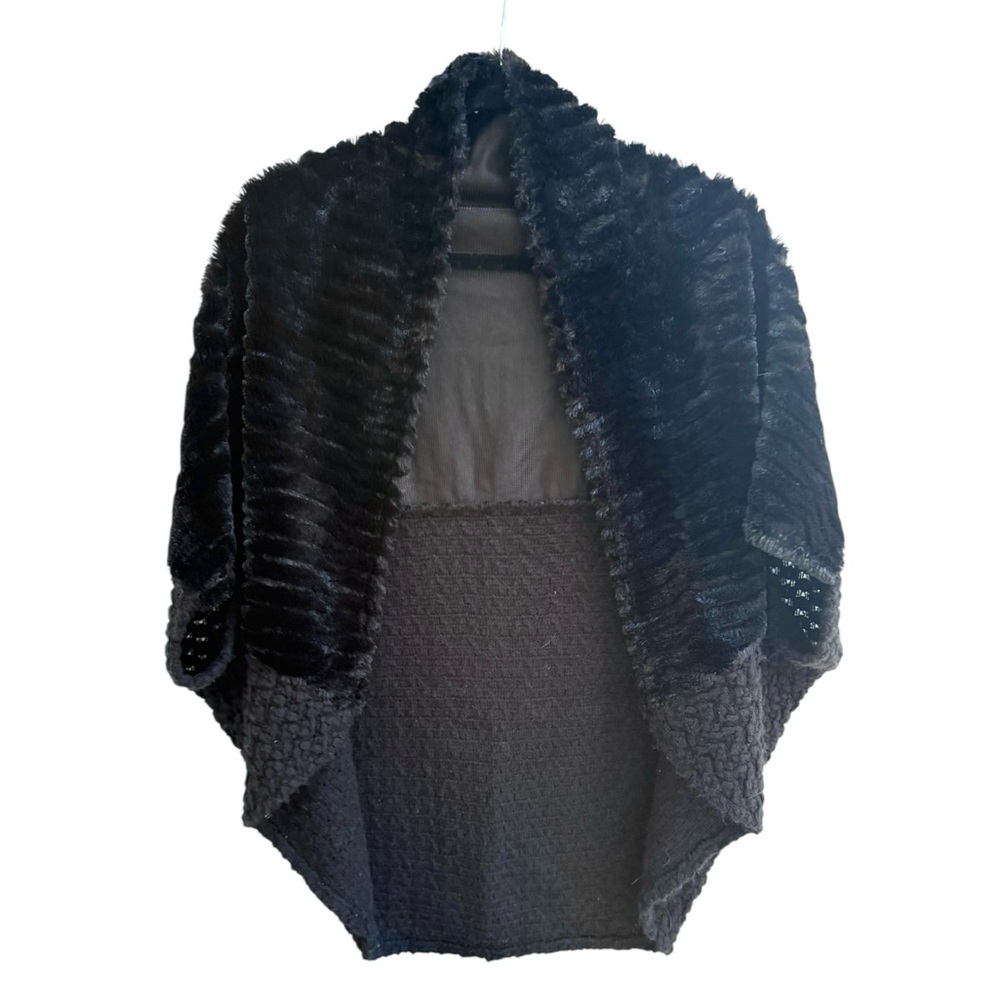 Women’s Faux Fur Black Knit Shawl Sweater OS Wrap Dressy Jacket Sweater Winter
